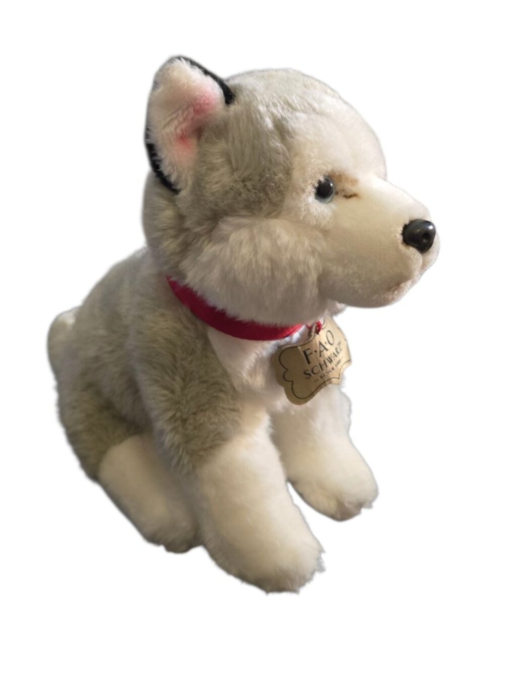 FAO Schwarz Gray White Husky Plush Stuffed Animal Blue Eyes Red Collar Dog Toy